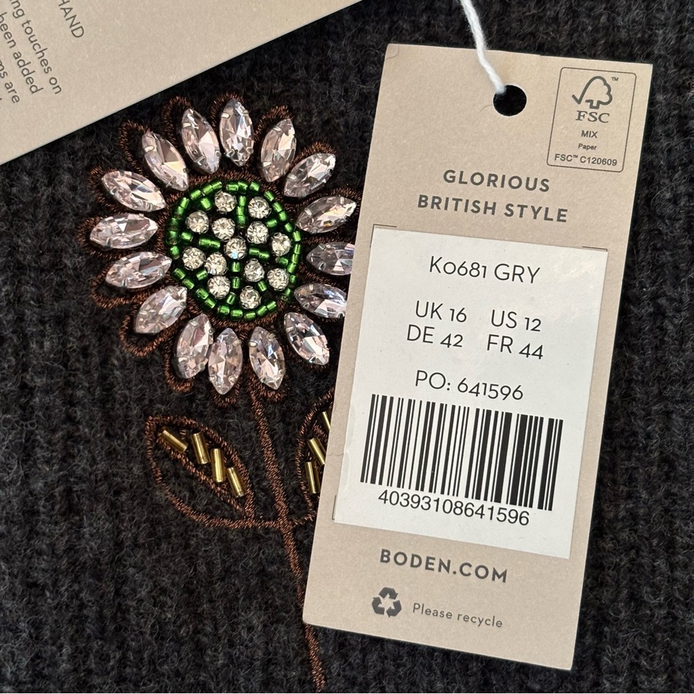 Boden Rhinestone Daisy Embellished Sweater NWT Dark Gray Wool-Blend US 12 - Picture 8 of 11